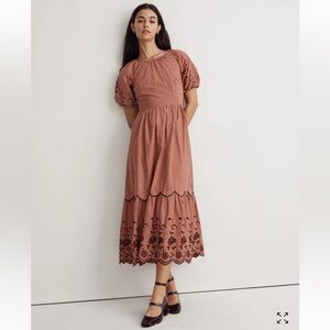 Embroidered Bubble-Sleeve Midi Dress